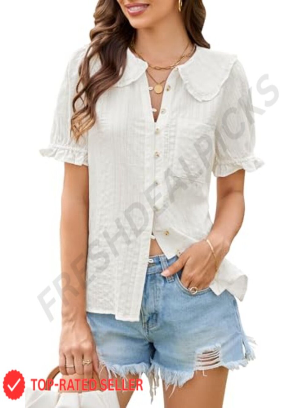 Women's Button Down Blouse Cotton Peter Pan Collar Frilled Short Sleeve